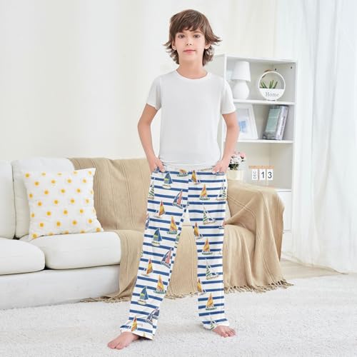Boys' Pants Blue Brush Stripe Sailboat Long Bottoms Jogger Pants Elastic Waist Trousers with Pockets S-XL3