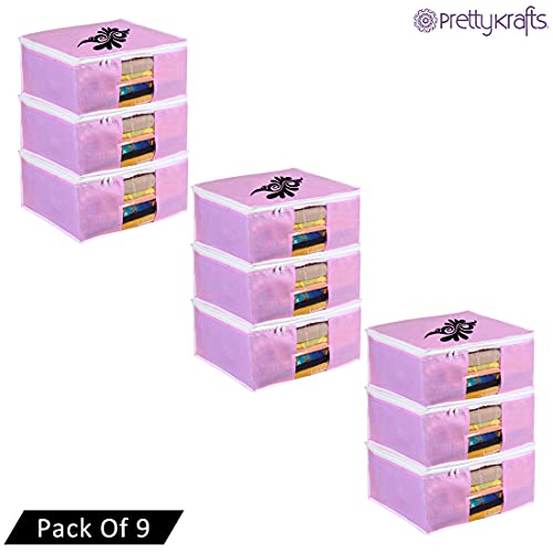 Image of PrettyKrafts Large Saree Cover With Creative Prints, Wardrobe Organiser, Clothes Cover & Storage, Zip Closure and Transparent Window | Clothes Storage Bag | Set of 9, Pink | Size: 40 x 35 x 20 cm