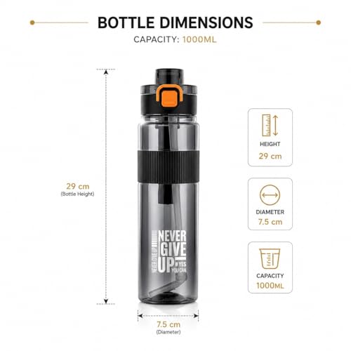 Image of Sports Water Bottle with Straw & Carry Strap | Leakproof BPA-Free Gym Bottle | Flip Lock Lid | MOTIVATIONAL NEVER GIVE UP BOTTLE | Office, School, Gym & Travel (Black)