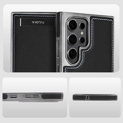 Image of PULOKA Chrome Leather Back Case - Compatible with Samsung Galaxy S25 Ultra - Luxury Bumper Case - Flexible Vegan Leather - Electroplated Sides - Full Camera Protetection & Raised Edges - Black