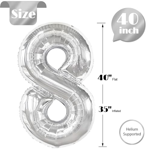 Image of Silver 8 Balloon, Number Balloons 40 Inch, 8th Birthday Decorations, Silver Birthday Balloons, Silver Party Supplies, Number 8 Balloon