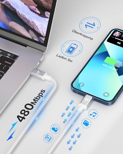 Aioneus Lightning Kabel USB C, iPhone Ladekabel 2M Apple MFi Zertifiziert USBC auf Lightning Kabel Nylon Power Delivery Schnellladekabel USB C für iPhone 14 13 12 11 Pro Max XS XR 8Plus 4