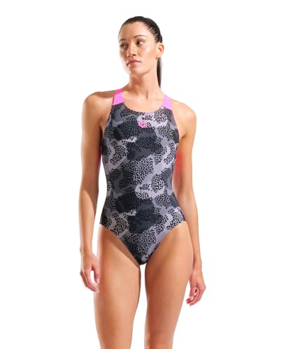 ARENA Feel Women's Camo V Back One Piece Swimsuit Wide Straps Chlorine Saltwater Resistant Quick Drying UV Protection Ladies Bathing Suit, Black Multi/Shocking Pink, Size 32