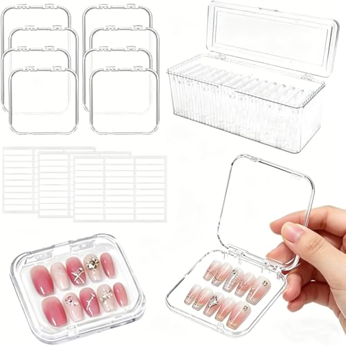 BXUUXA 14 Pièces Boîte Rangement Faux Ongles, Boîtes Transparentes de Faux Ongles avec Un Grande Boîte, 90 Ruban Adhésif Double Face Boite Press on Nails...