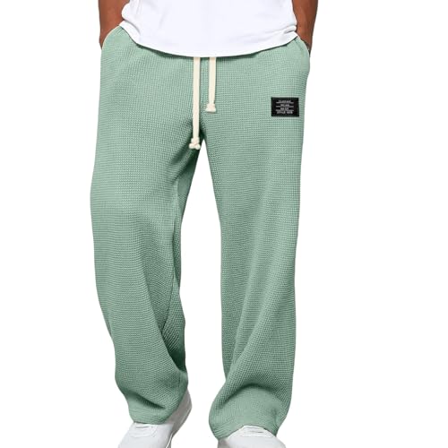 Generisch Jogginghose Herren Lang Waffelhose Herren Weite Bein Hose Gerade Freizeithose mit Kordelzug und Taschen Herrenhosen Bequem Stretch Sporthose Elastischer Bund Sweathose Leichte