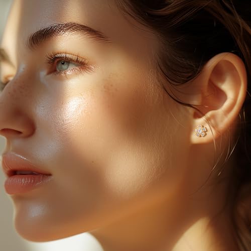 Gold Studs Earrings for Women 14k Gold Earrings for Women Flower Stud Earring for Womens Stud with Cubic Zirconia Casual Vibe and Edgy Feel CZ Studs Earring for Womens 10mm3