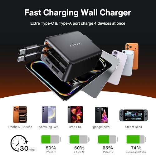 Image of iVANKY Retractable USB C Charger, Smallest 4-in-1 GaN Wall Charger for Multiple Devices, 45W Charger Block with Dual Type C Cables, 4-Port Travel Adapter for iPhone 17 /16 /15 /14 ProMax,Cargador Tipo C