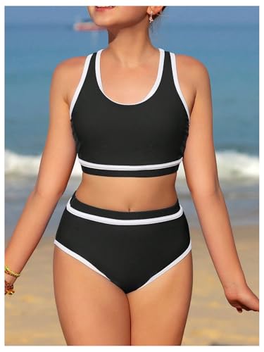 SHENHE Girl's High Waisted Bikini Sporty Racerback Swimsuit Colorblock 2 Piece Bathing Suit3