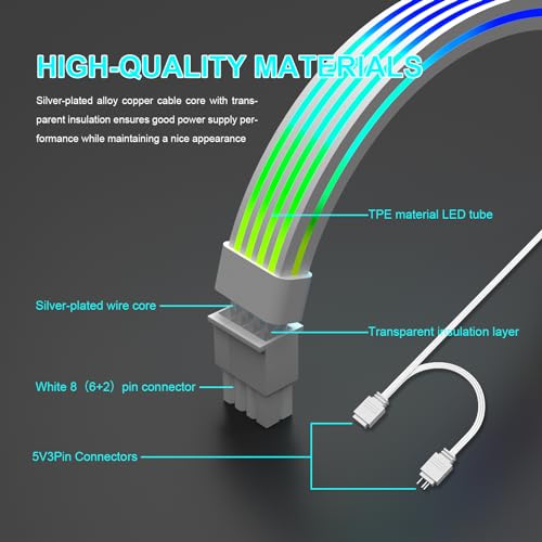 Image of Sirlyr 8 Pin RGB GPU Cable,RGB PSU Cables Extension - Addressable 5V3Pin ARGB PC Case Decor for RTX 3060 4060 4070 Radeon RX 6600 580 Graphics Card Power Supply White