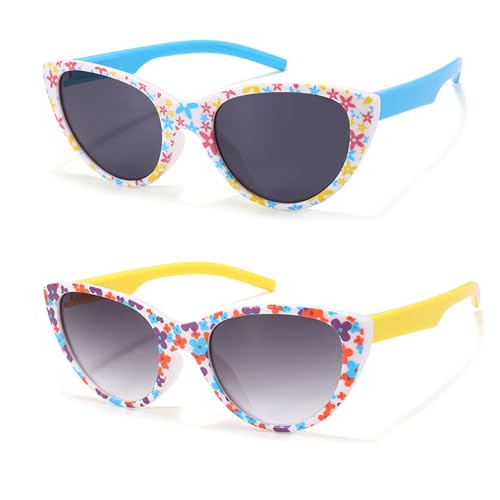 Hifot 2 PCS Gafas de sol Niña Niños,Gafas de Sol bebe Flores Infantiles UV400 Protección Rayos Decorativas Gafas Fiesta  De 3años a 12años