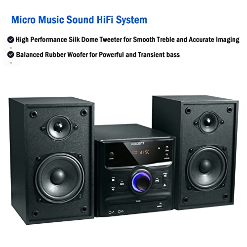 WISCENT Micro sistema compatto Micro sistema stereo HiFi con CD e Bluetooth, radio FM, CD, MP3-CD, lettore DVD, USB, SD, AUX, MIC, 30W, telecomando, sistema Hi-Fi Sistema musicale