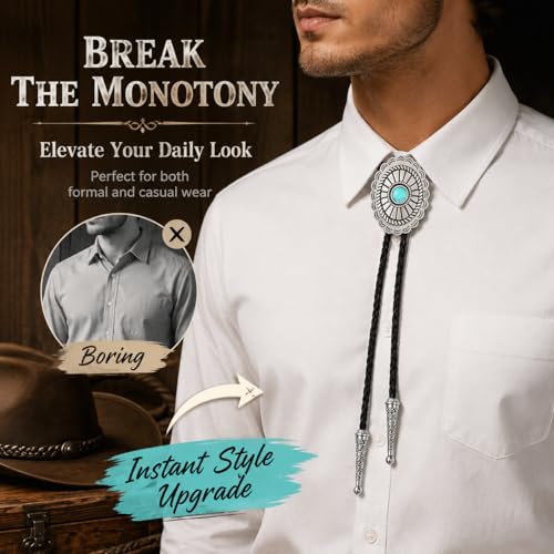 Image of Turquoise Bolo Tie for Men, Leather Braided Necktie Western Cowboy Bola Tie Costume Accessories for Men Women