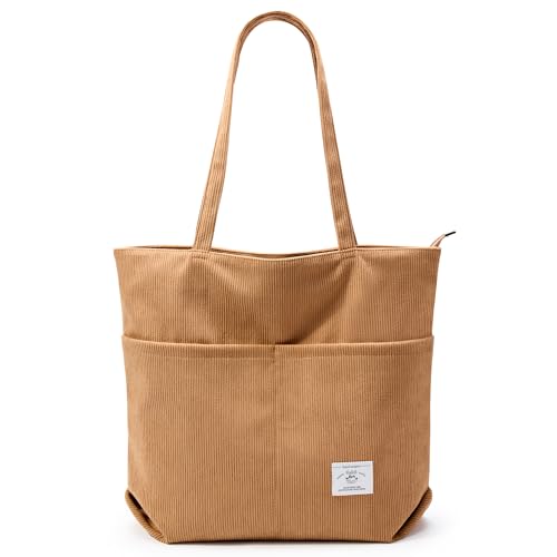 Image of KALIDI Women Corduroy Tote Bag Zipper Casual Tote's Handbag Big Capacity Shoulder Bag with Pockets