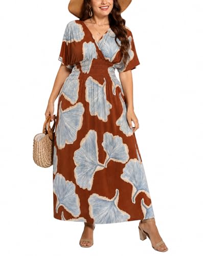 Image of OSTOO Women's Plus Size Hawaii Empire Waist Bat Short Sleeve Casual Floral Print Boho Maxi Dress