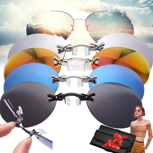 Three Color Retro Round Clip On Nose Glasses,Ultralight Rimless Retro Round Clip On Nose Sunglasses,Morpheus Sunglasses (4*Colors)