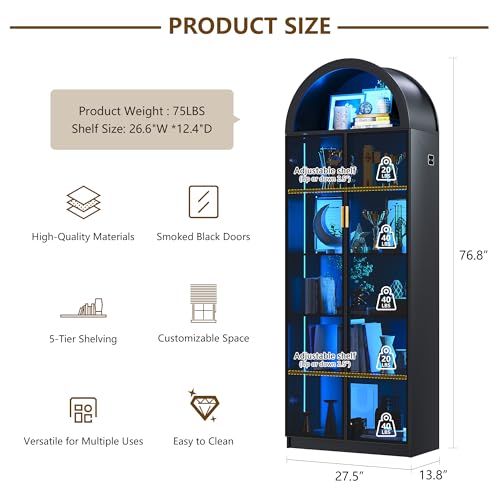 Arch Display Cabinet with Doors and Adjustable Shelves, 76" Tall Curio Cabinet with LED Lights/Storage Space, 6 Tier Display Case Bookcase for Collectibles Bedroom Living Room Office, Black