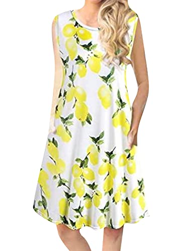 Yming Damen Sommerkleid mit Taschen Basic Hemdkleid Weste Urlaubskleid Retro Swingkleid Gelb Zitrone 3XL