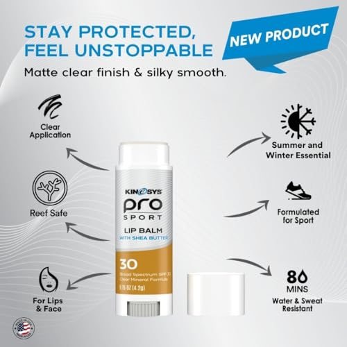 KINeSYS Pro Sport Lip Balm SPF30 & Clear Mineral Sunscreen Stick SPF45, Broad Spectrum, Moisturizing, Water-Resistant Sun Protection for Outdoor Activities (Pack of 2 Lip Balm + 1 Sunscreen Stick)