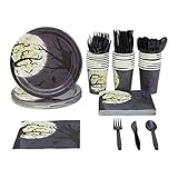 Disposable Dinnerware Set - Serves 24 - Halloween Party Supplies with Moon and Bats Design - Includes Plastic Knives, Spoons, Forks, Paper Plates, Napkins, Cups