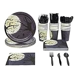 Serves 24: Our spooky full moon halloween party bundle includes 24 of each of the following: black plates, napkins, cups, and cutlery; enough tableware for 24 guests, 144 total pieces Halloween Party Supplies: Create a celebratory atmosphere at your ...