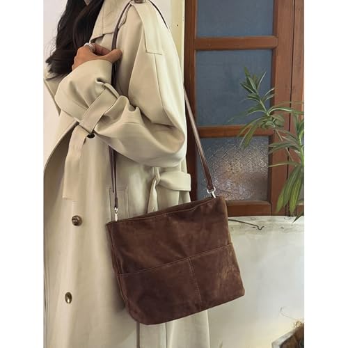Bolso tipo Bucket marrón para mujer en gamuza sintética miniatura 3