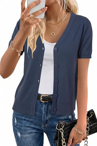 Image of Arach&Cloz Women's Wool Blend Short Sleeve Lightweight Cardigan Business Casual Summer Sweaters Tops