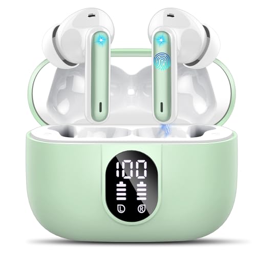 Csasan Wireless Earbuds, Wireless Headphones Bluetooth 5.3 Headphones In Ear with 4 ENC Noise Cancelling Mic, New 40H Bluetooth Earphones Mini Deep Bass Stereo Ear Buds, IP7 Waterproof, LED Display