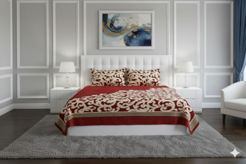 Image of Fresh from Loom Bed Cover, Abstract Printed Bedsheet Set with 2 Pillow Covers, Chenille 500 TC Fabric, Soft Comfortable Bed Cover for Bedroom Decor, Breatha 90x100 Inches | Trangle Red | Chenille