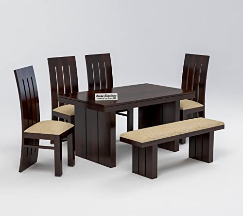 Image of Solid Wooden Dining Set 6 Seater Dining Table with Chairs | Sheesham Wooden Dining Table with 4 Chairs and 1 Bench for Home and Hotels | Six Seater Dining Set in Walnut Finish