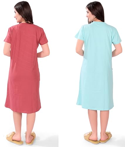 Image of Printed Knee Length Pocket Night Dresses for Women | Cat Lover | Premium Soft Cotton Nighty | Blue and Maroon