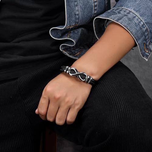Men's Leather Infinity Bracelet Stainless Steel Number 8 Wristband Cuff Bangle Bracelets Gifts for Men, 8.3 & 9.1 inches4