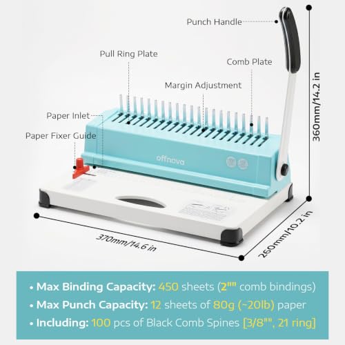 Image of OFFNOVA Binding Machine, 21-Hole 450 Sheets Paper Comb Punch Binder Machine for Letter Size / A4 / A5 Paper, Easy to Punch Handle, Adjustable Margin, Mint with White Base