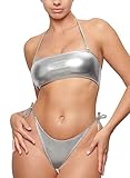 Metallic Bikini für Frauen – Sexy Glänzende Badeanzüge Abnehmbare Träger Neckholder Tube Bandeau Top Seitliche Krawatte Tanga Bottom Set, silber, Medium