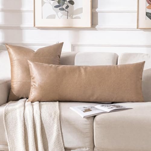 Image of Fancy Homi Tan Long Lumbar Faux Leather Body Decorative Throw Pillow Cover 14x36 Inch for Bedroom Couch Bed Bench, Thick Beige Solid Rectangular Waterproof Cushion Case, Boho Farmhouse Room Decor