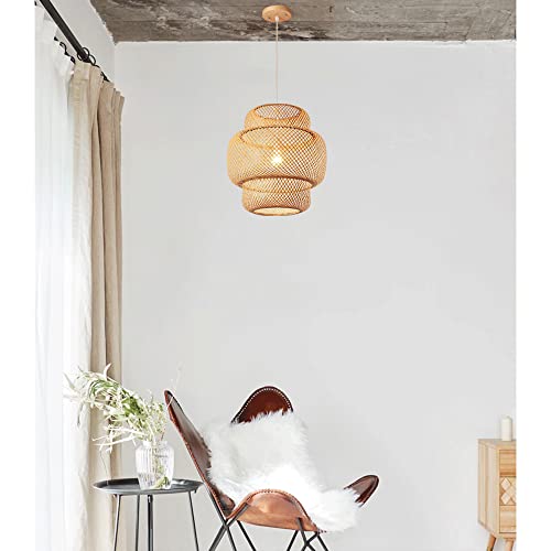 Abat-Jour en Bambou tissé E27 pour suspension de salon et chambre