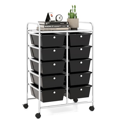 Image of LDAILY 10 Drawer Rolling Cart, Storage Cart Organizer on Wheels, Drawer Cart with Metal Frame & Large Storage Capacity, Rolling Cart with Drawers for Living Room Classroom, Office