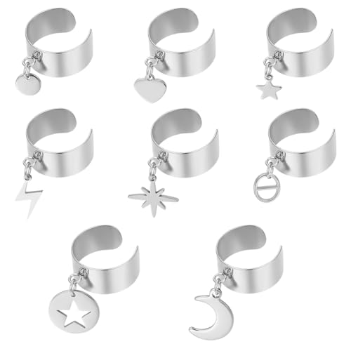 UNICRAFTALE 8 pièces 8 styles Bague Breloque Bague Acier Inoxydable Ovale Coeur Étoile Pendentifs Bague Anneaux Réglables Bague pour Femme Bague et Pendentifs Manchette Ouverte Composants de Bague