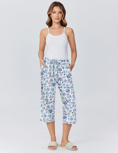 Image of Ekouaer Womens Pajamas Pants Capri Pj Bottoms with Pockets Sleep Pants | Comfy Drawstring Printed Soft Lounge Pants for Home, Daliy Wear