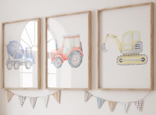 Construction Vehicles Set of 3 Unframed Poster Prints for Boy Girl Nursery Bedroom, Watercolour Design, Wall Art Transport Decor, Tractor Digger Cement Mixer, Blue Red Yellow (A4)