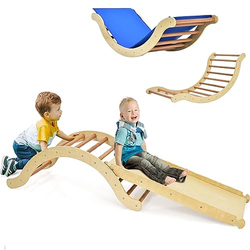 Image of Costzon Climbing Toys for Toddlers, 3-in-1 Montessori Wooden Arch Climber Ladder Structure with Rock Climbing Ramp/Padding, Indoor Gym Learning Playset, Playground for Kids Gift