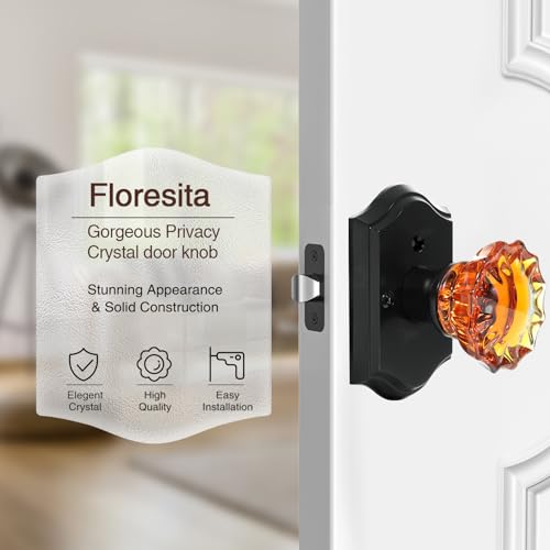 Crystal Door Knobs, Black Brown Glass Door Knobs Interior Rose Shape with Lock Privacy Function, Vintage Antique for Bedroom Bathroom