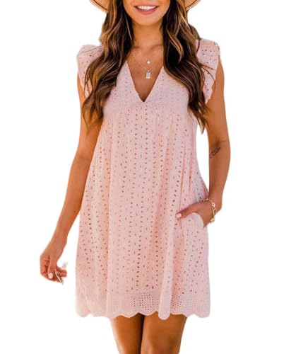 Image of Women's Summer Dress with Built in Shorts Sexy Summer V Neck Ruffle Sleeve Lace California Romper Dresses for Women
