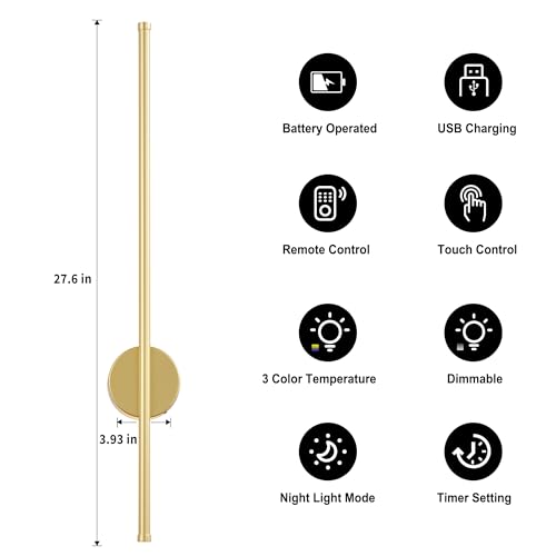 Image of Battery Operated Modern Wall Sconces,Dimmable Wireless Wall Light Set of Two with Remote Control,3 Color Temperatures,Rechargeable LED Wall Sconce for Bedroom,Living Room,Hallway,27.6 Inch,Matte Gold