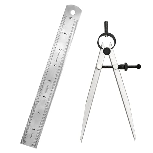 DemJamr 6 Inch Adjustable Lockable Steel Divider Wing Leather Compass with 8 Inch Stainless Steel Ruler for Leather Work, Woodworking, Metalworking and Geometry Drawing