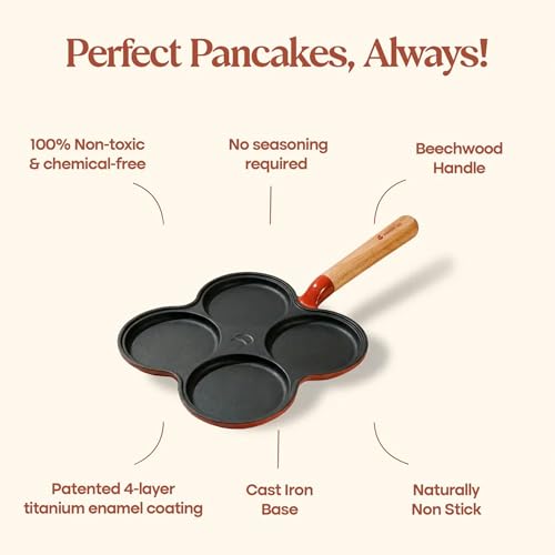 Image of CUMIN CO. Cast Iron Pancake Pan | 28 cm |10 Year Warranty | Non Toxic Non Stick Pan for Pancakes, Uttapams & Mini Eggs | Chemical Free Coating | Free Accessories | No Seasoning Needed | Mustard
