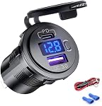 12V USB Outlet, 38W USB C Car Charger Socket, USB Quick Charge 3.0 Port & PD USB C car Charger Waterproof with Voltmeter and Power Switch for Car RV Boat Marine Motorcycle Golf Truck