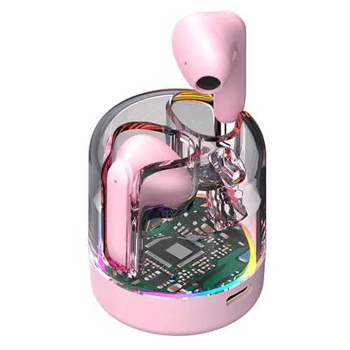 Image of Transparent Wireless Bluetooth Earbuds with RGB LED Charging Case, Touch Control, Hi-Fi Stereo Sound, ENC Noise Reduction, Type-C Fast Charging, TWS Earphones for Android & iOS (Pink)