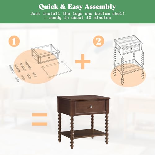 Image of AMERLIFE Walnut Nightstand Set of 2, Mid Century Solid Wood Bedside Table | End Table with Drawer, Modern Night Stand with Spindle Wooden Legs for Bedroom, Office, Dark Walnut