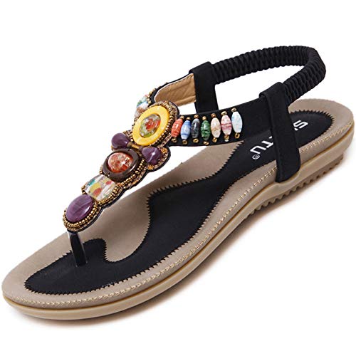Sandalias Planas Verano Mujer Estilo Bohemio Plano Sandalias Rhinestone Moda Chanclas Playa Elegantes Flip Flop Negro 44 Cover
