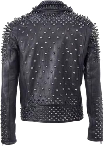 Men's Brando Black Golden Studded Leather Jacket - Punk Rock Silver Spiked Vintage Motor Biker Studded Jacket2